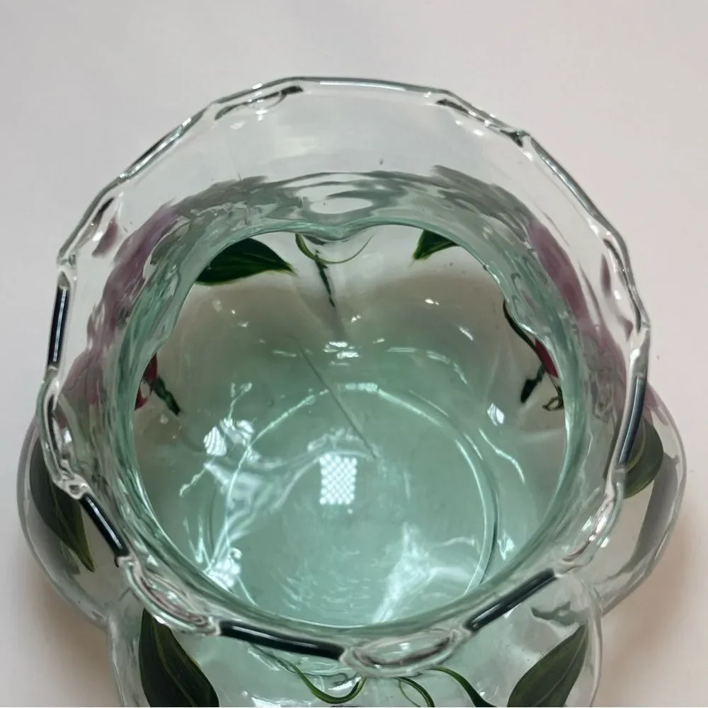 Hand-Painted Floral Glass Vase Fluted Top